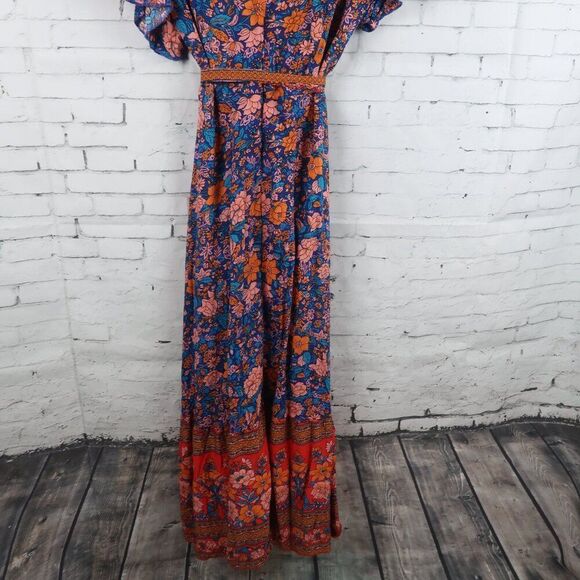ORANGE PINK & BLUE FLORAL FLUTTER SLEEVE  V LIGHTWEIGHT NECK MAXI DRESS SIZE S - Picture 8 of 9